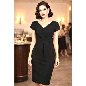 Vintage 1960 Classic Black Pencil Dress Fits A Size 6 Union Made V neck Cocktail